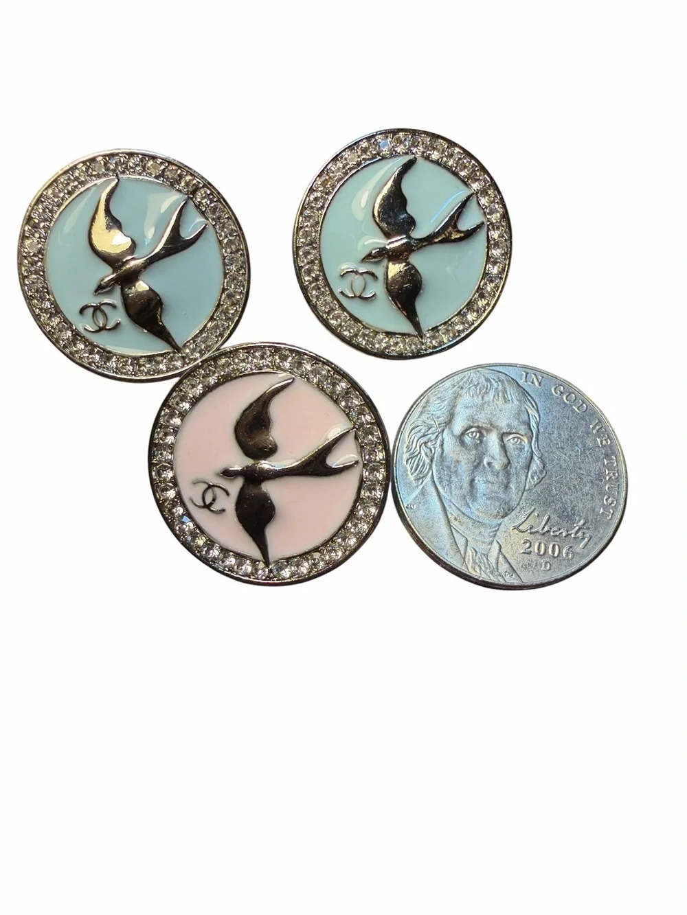 CHANEL Pastel Bird Crystal-Trim Button Trio - Blue & Pink